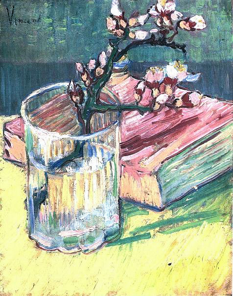 Blossoming Almond Branch in a Glass with a Book 1888